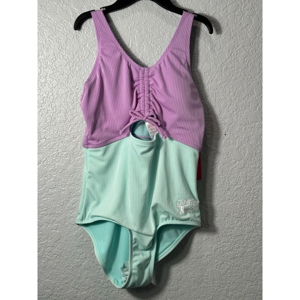 Justice Girls Size LG cutout color block One-Piece Swimsuit Ribbed Purple/Turqu